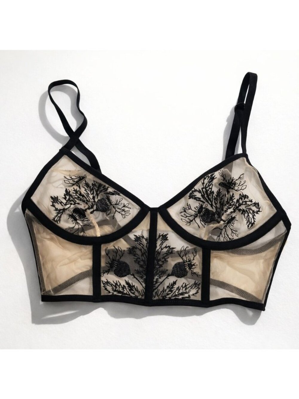 Thistle and Spire Verona Embroidered Longline Bra Women's 32DD Black Nude Mesh